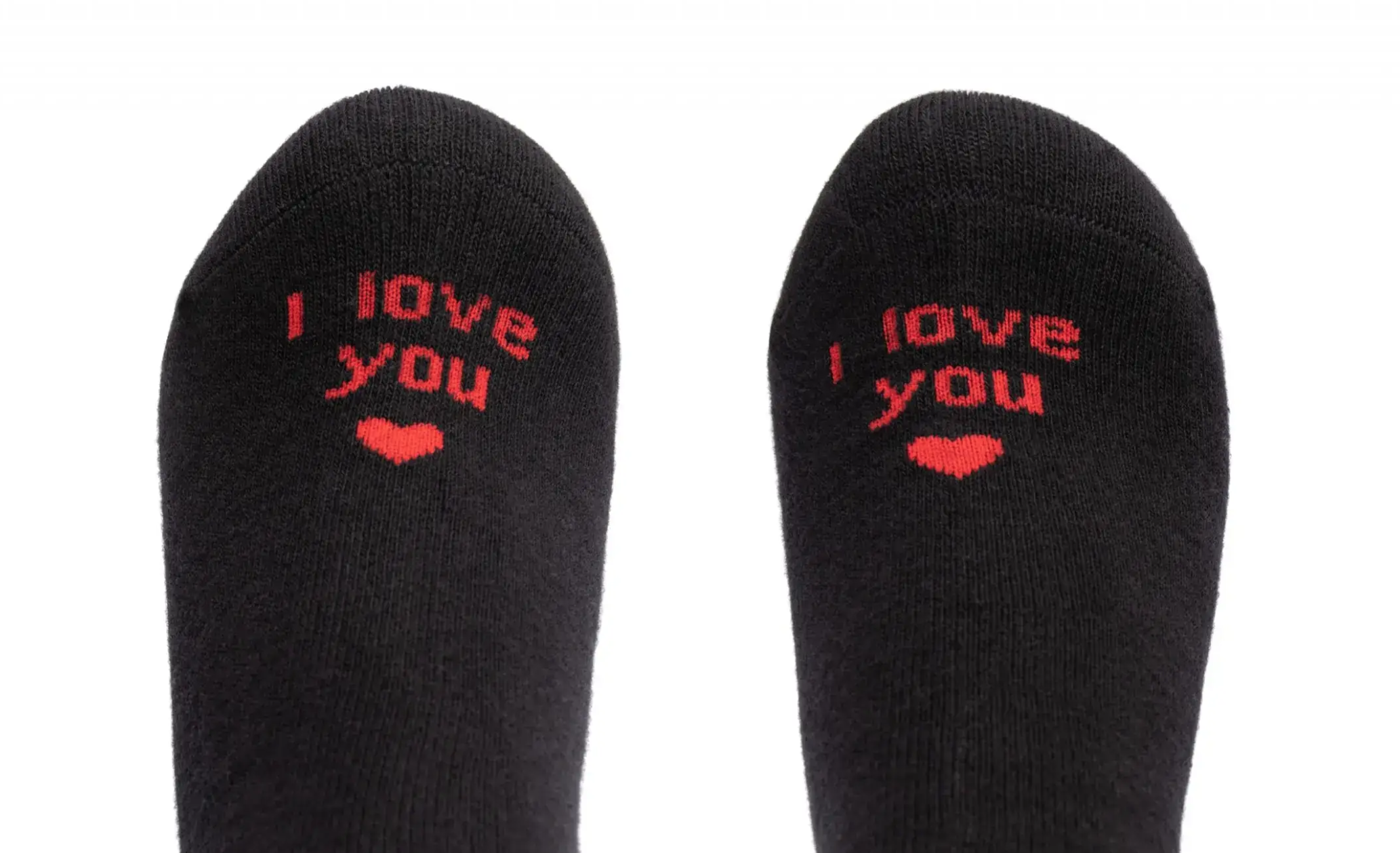 Black socks with I Love You in red written at the toe